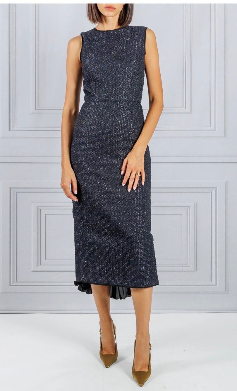 Mantu Metallic Tweed Boucle Midi Sheath Dress in Blue Black IT 40 US 4